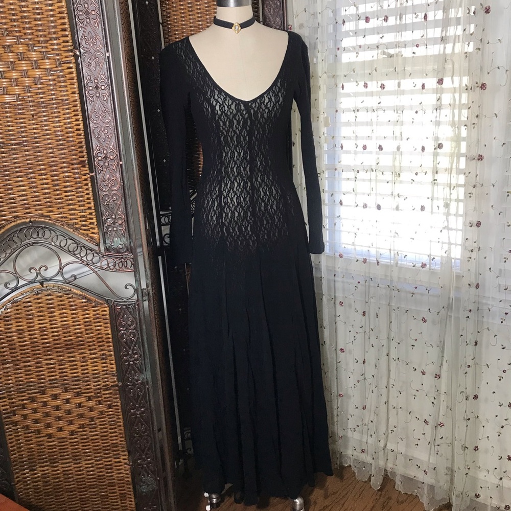 Black Whimsigoth Style Long-Sleeve Lace Bodice Maxi Dress